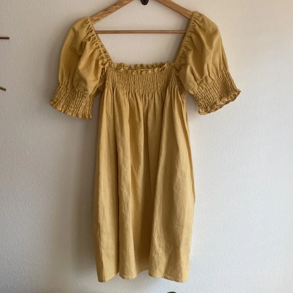 Capulet Dresses | Capulet Babydoll Smocked Linen Mustard Yellow Mini Dress Puff Sleeves Gold | Color: Gold/Yellow | Size: S | Alligeeshow's Closet